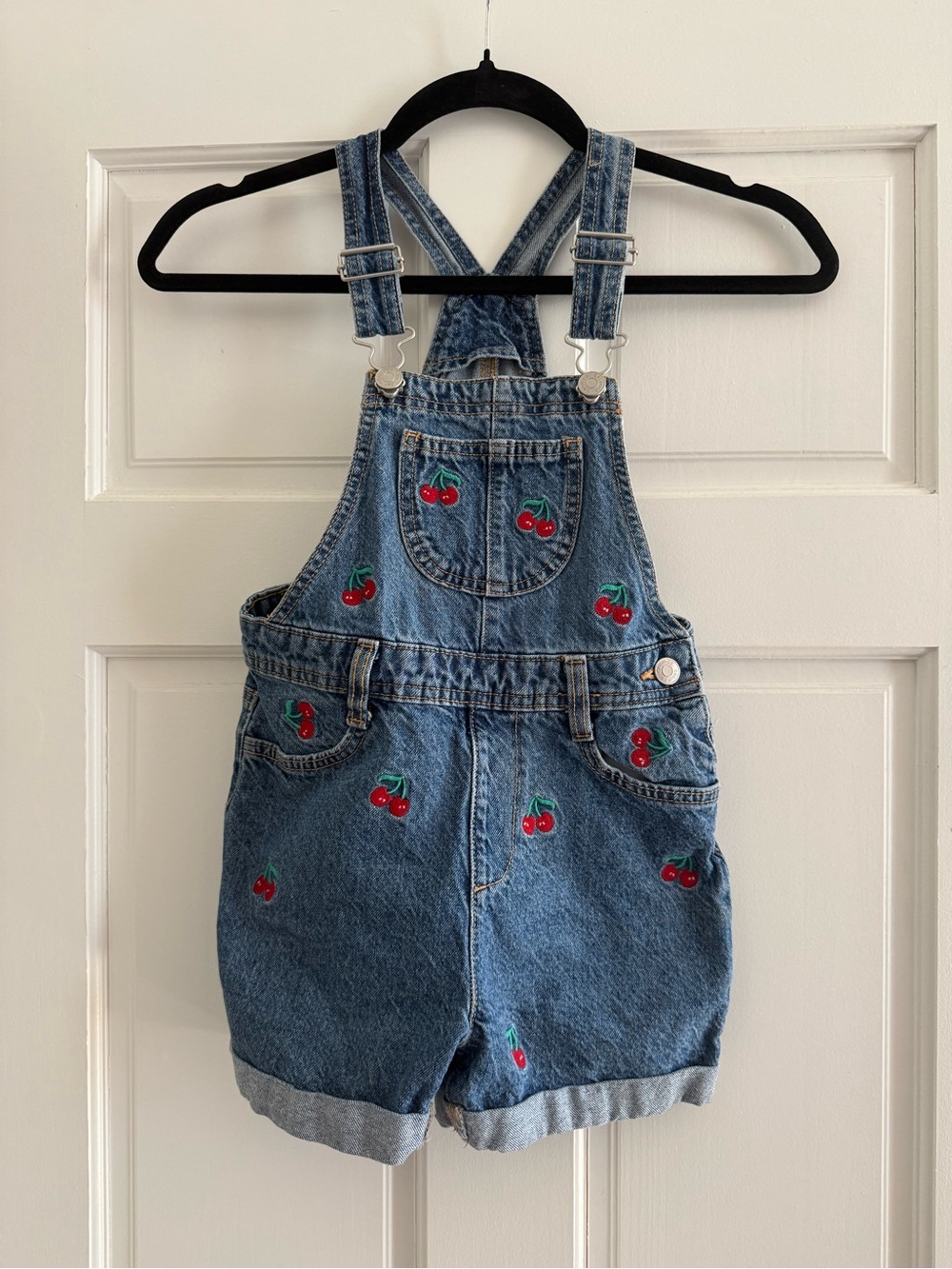 Primark Blue Denim Cherry Embroidered Short Overalls